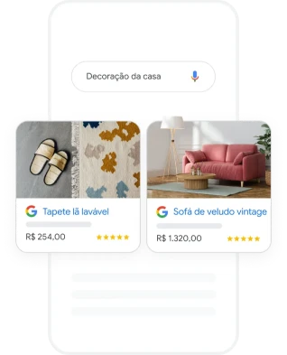 Anúncios de produtos com imagem, preço e nome da loja na busca do Google.